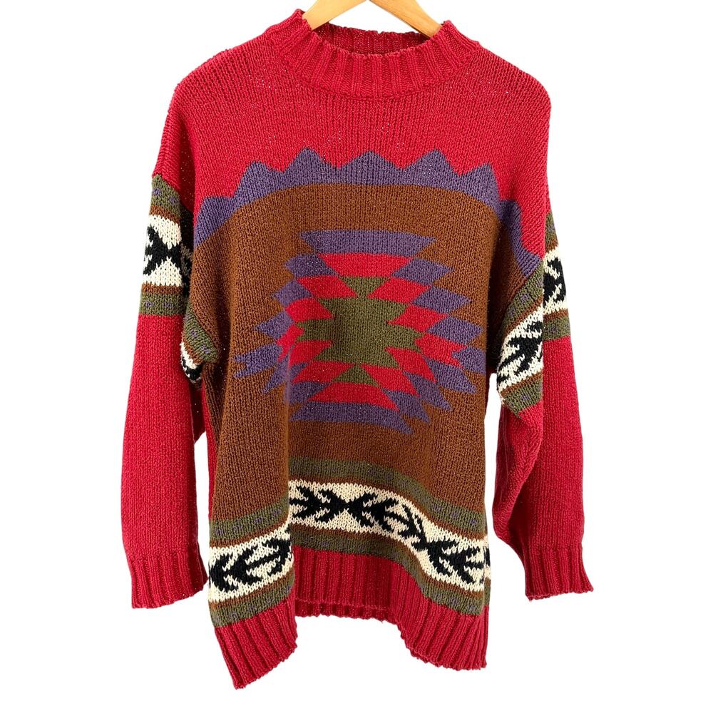 Vintage 90s Lizwear Red Aztec Mock Neck Sweater
